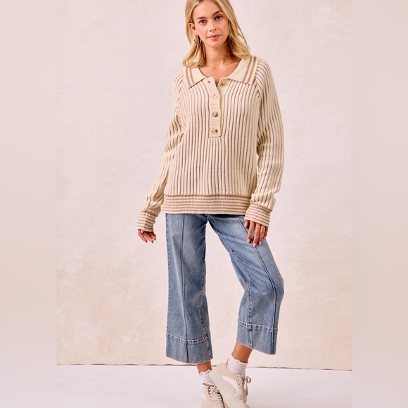 Half Button Ribbed Two Tone Sweater,All Products : American Fashion Style Bags On Sale